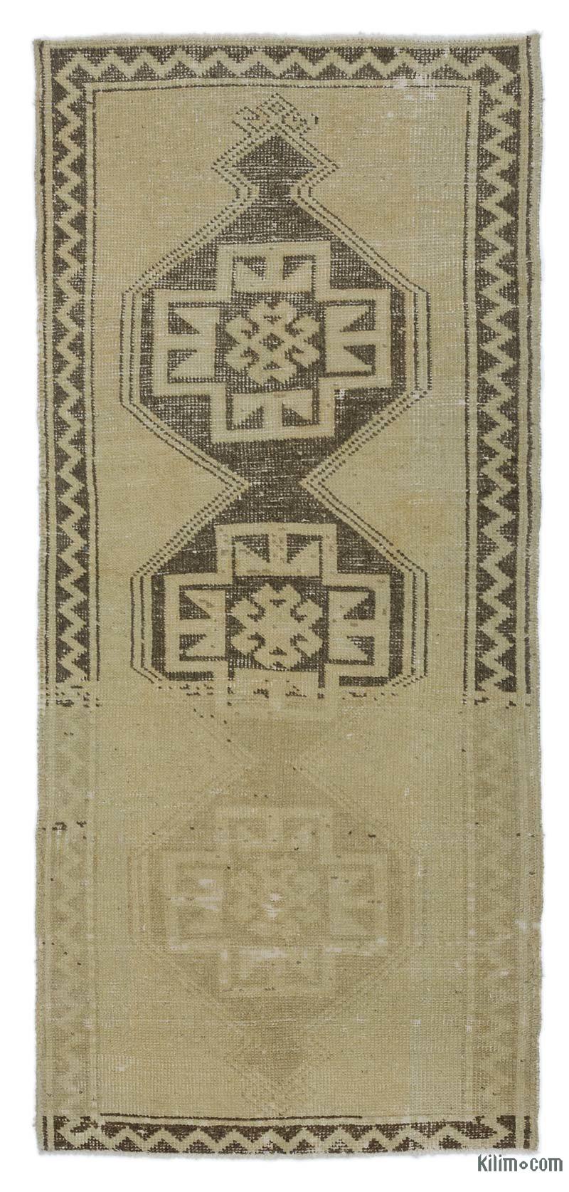 Beige, Brown All Wool Hand-Knotted Vintage Turkish Rug - 2' 10" x 6' 3" (34 in. x 75 in.) - K0039939
