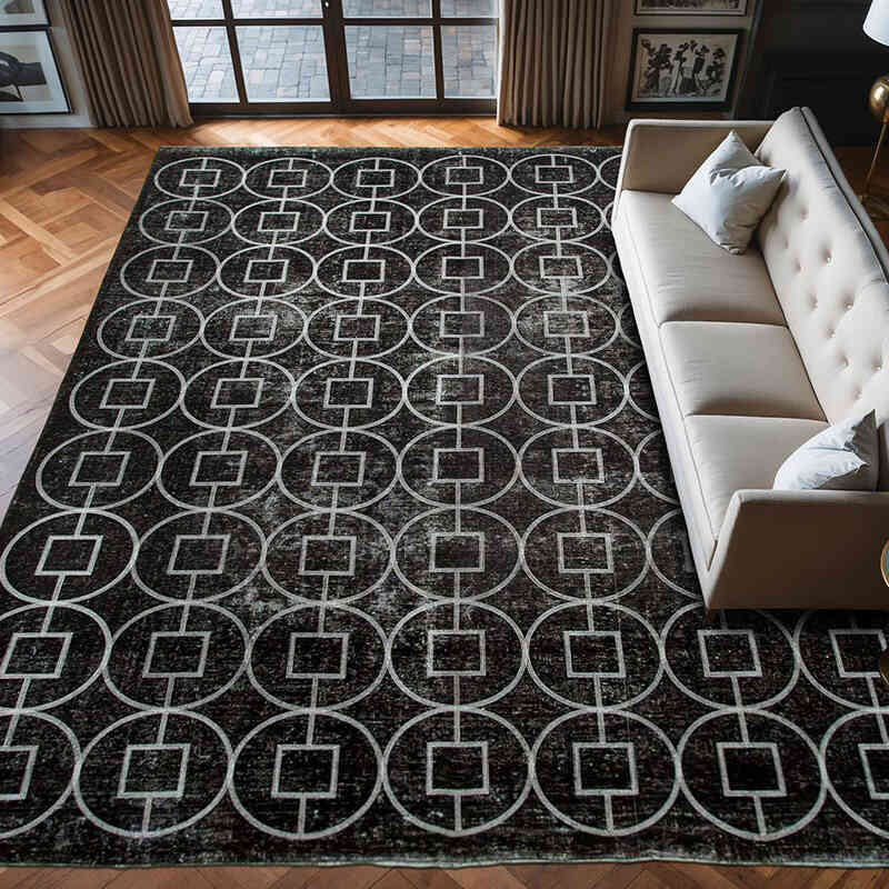 Siyah İşlemeli ve Boyalı El Dokuma Vintage Halı - 303 cm x 377 cm - K0042725