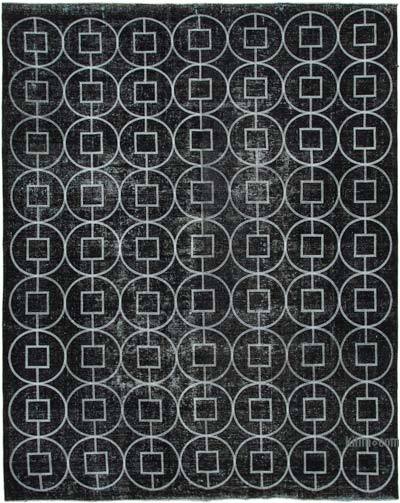 Siyah İşlemeli ve Boyalı El Dokuma Vintage Halı - 303 cm x 377 cm