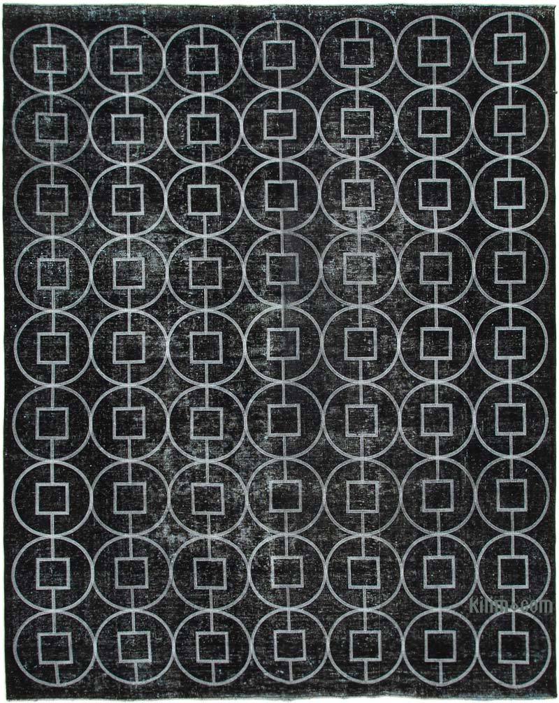 Siyah İşlemeli ve Boyalı El Dokuma Vintage Halı - 303 cm x 377 cm - K0042725