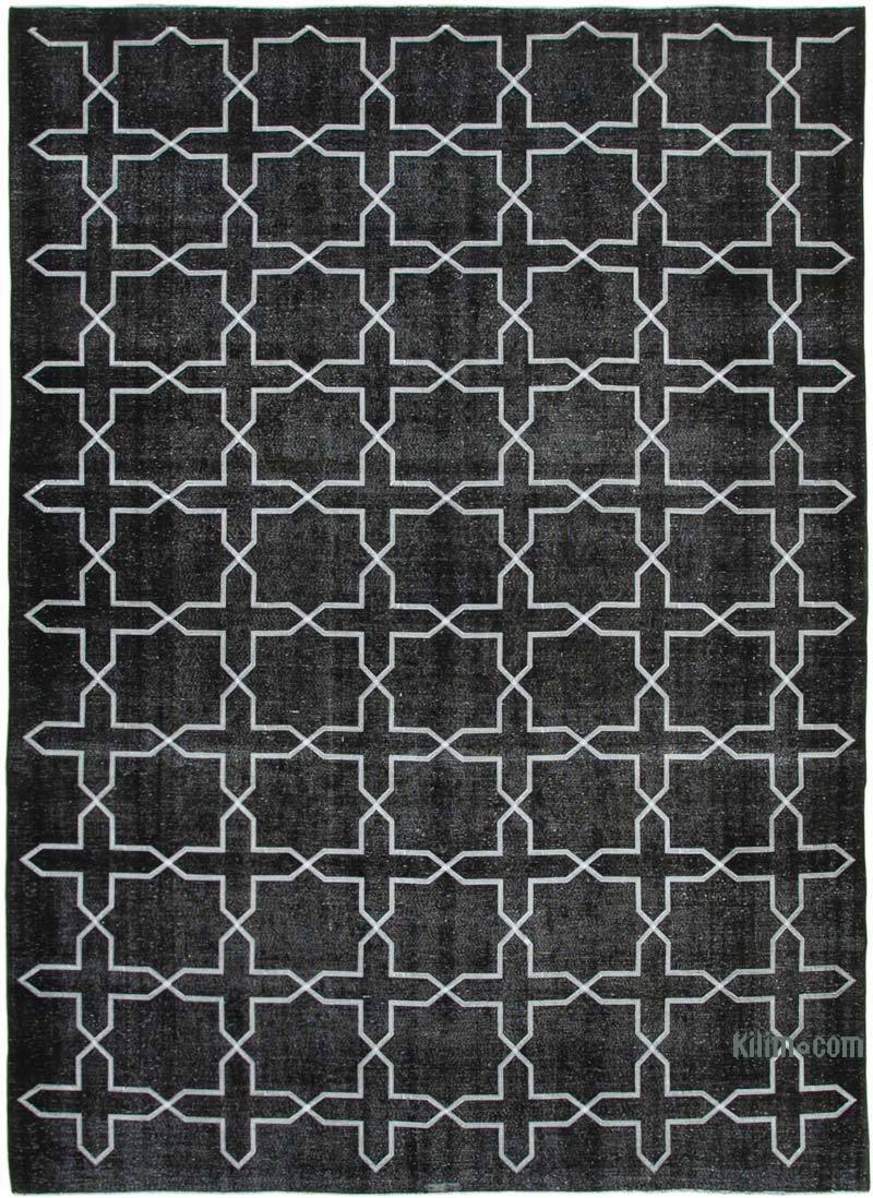 Black Embroidered Over-dyed Turkish Vintage Rug - 9' 5" x 13'  (113" x 156") - K0042726