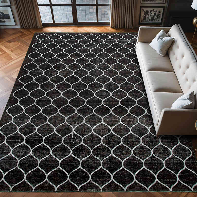 Siyah İşlemeli ve Boyalı El Dokuma Vintage Halı - 293 cm x 406 cm - K0042729
