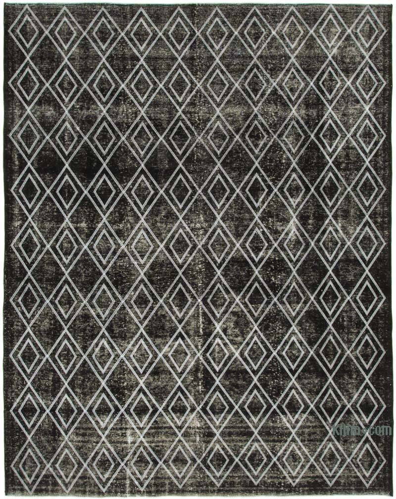 Siyah İşlemeli ve Boyalı El Dokuma Vintage Halı - 290 cm x 369 cm - K0042730
