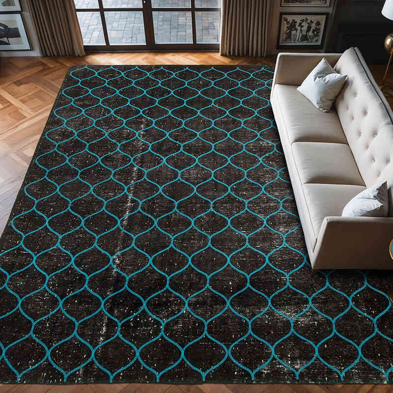 Siyah İşlemeli ve Boyalı El Dokuma Vintage Halı - 312 cm x 406 cm - K0042731