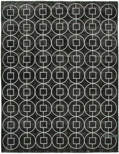 Siyah İşlemeli ve Boyalı El Dokuma Vintage Halı - 296 cm x 376 cm