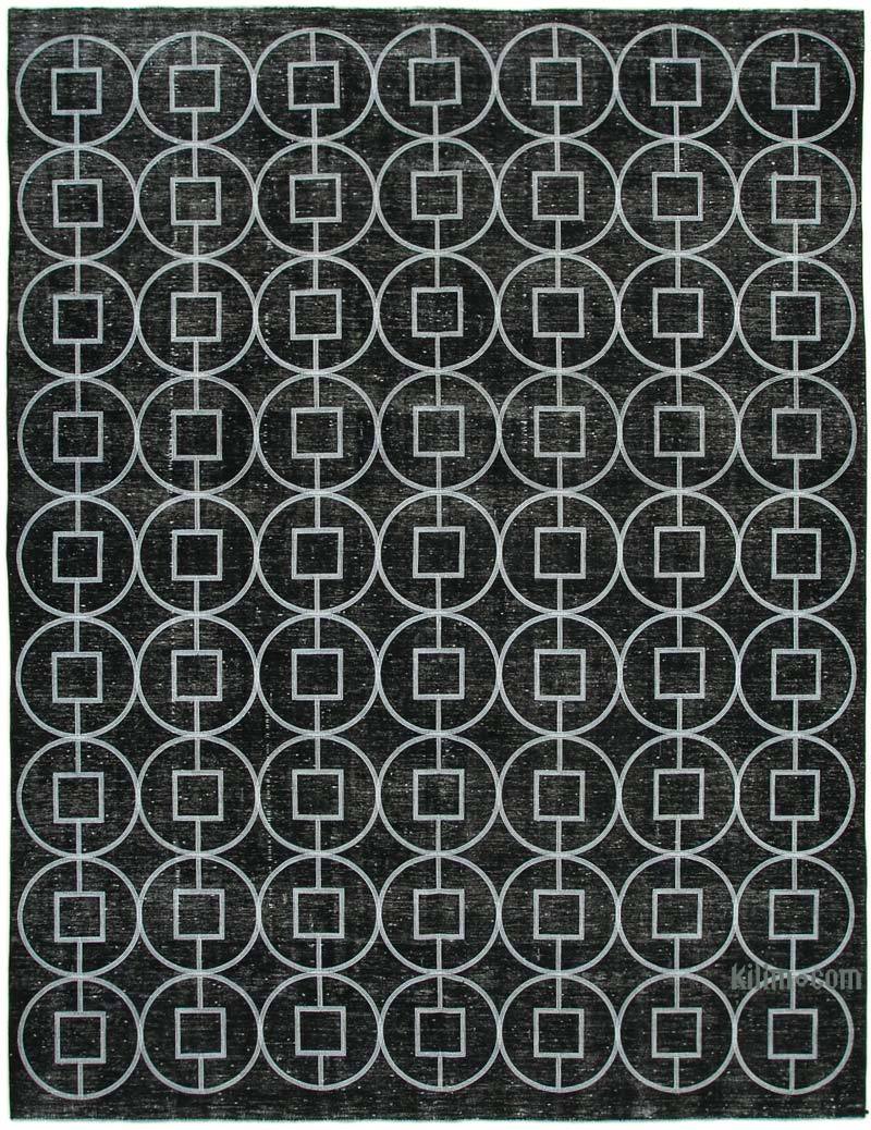 Siyah İşlemeli ve Boyalı El Dokuma Vintage Halı - 296 cm x 376 cm - K0042733