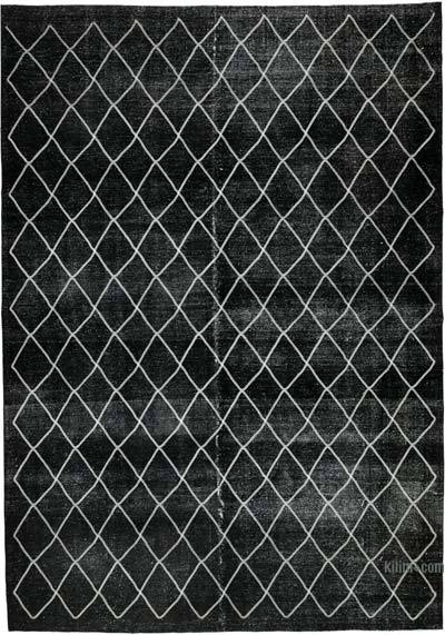 Siyah İşlemeli ve Boyalı El Dokuma Vintage Halı - 307 cm x 434 cm