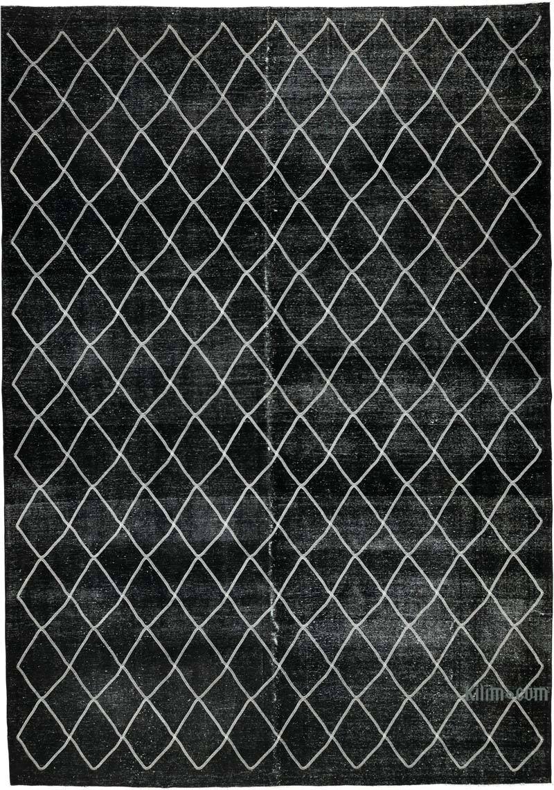 Siyah İşlemeli ve Boyalı El Dokuma Vintage Halı - 307 cm x 434 cm - K0042737