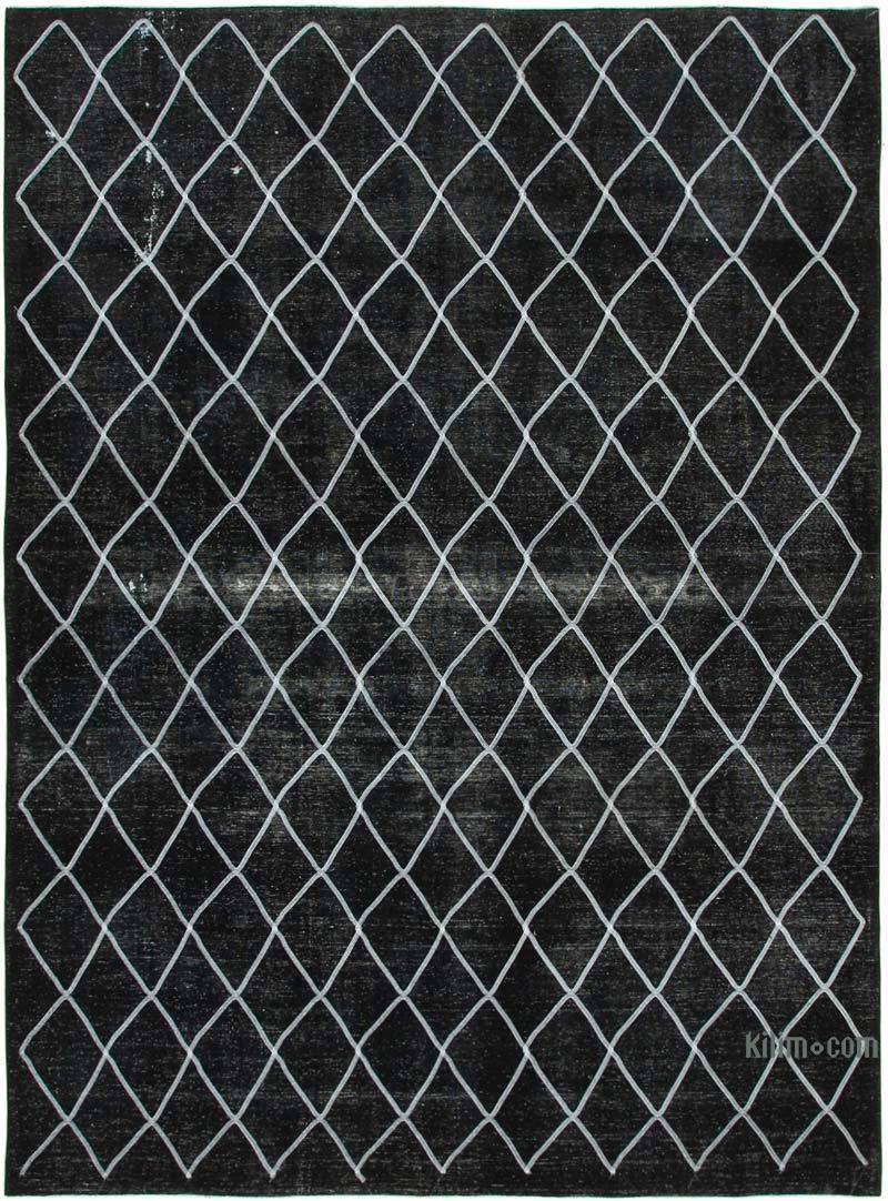 Siyah İşlemeli ve Boyalı El Dokuma Vintage Halı - 292 cm x 392 cm - K0042739