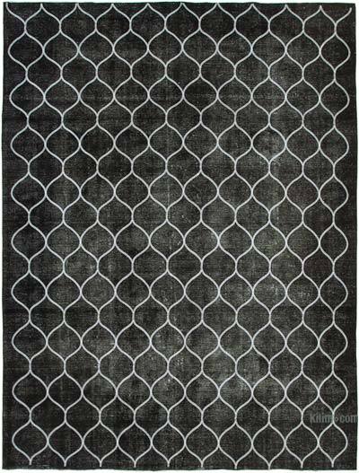 Siyah İşlemeli ve Boyalı El Dokuma Vintage Halı - 300 cm x 381 cm