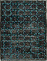 Siyah İşlemeli ve Boyalı El Dokuma Vintage Halı - 297 cm x 395 cm
