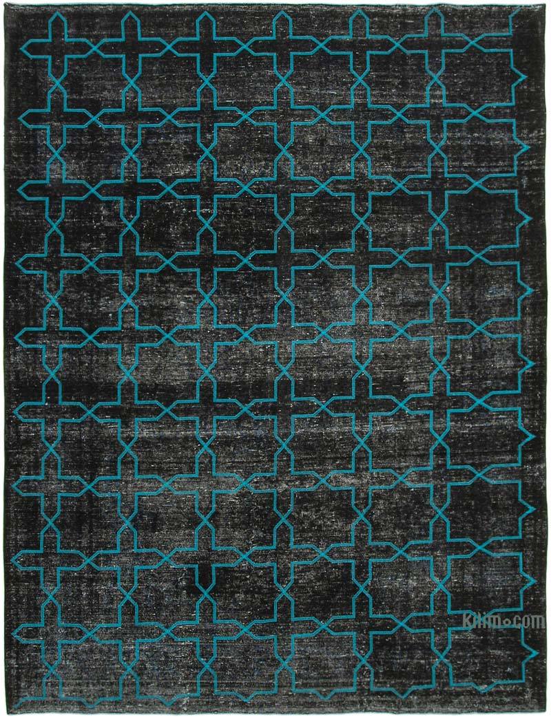Siyah İşlemeli ve Boyalı El Dokuma Vintage Halı - 297 cm x 395 cm - K0042743