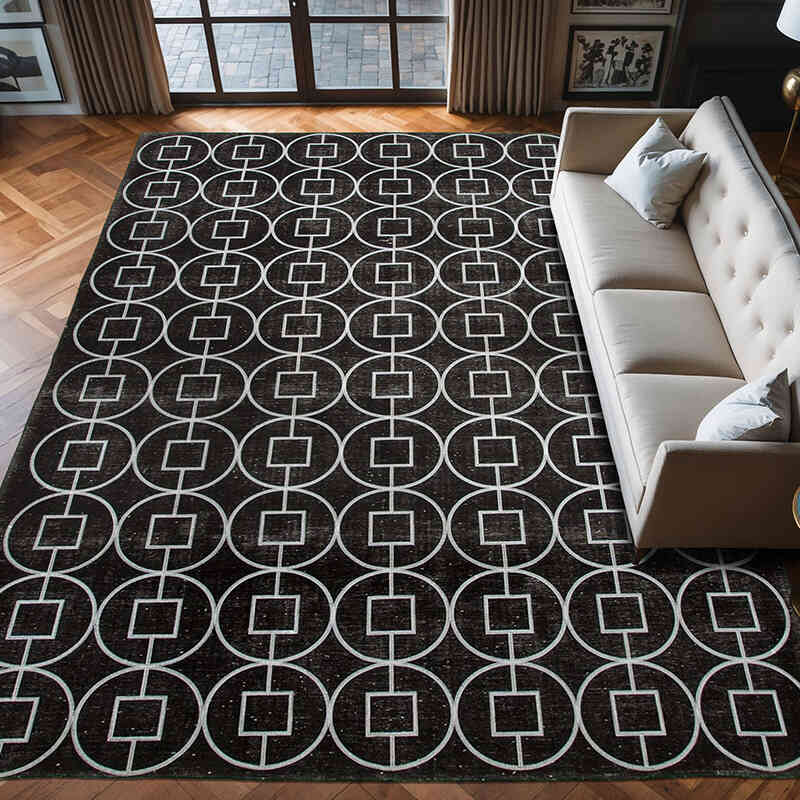 Siyah İşlemeli ve Boyalı El Dokuma Vintage Halı - 304 cm x 407 cm - K0042744