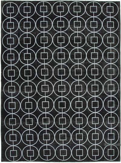 Siyah İşlemeli ve Boyalı El Dokuma Vintage Halı - 304 cm x 407 cm