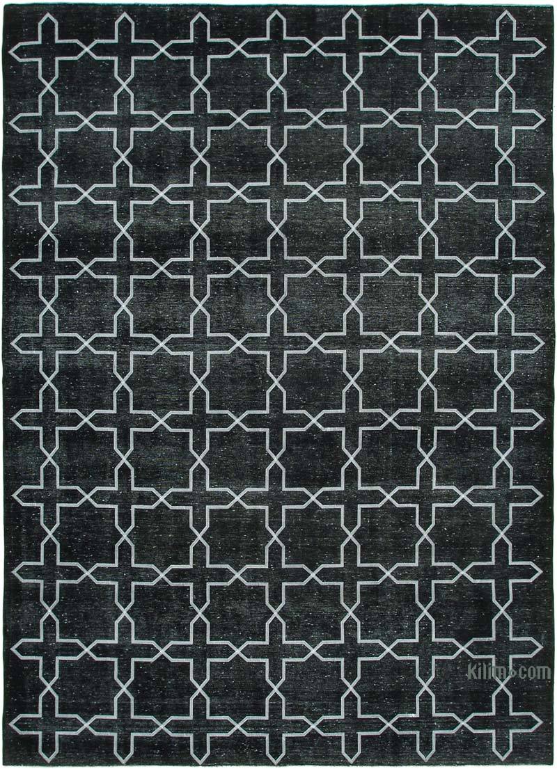 Siyah İşlemeli ve Boyalı El Dokuma Vintage Halı - 300 cm x 403 cm - K0042747