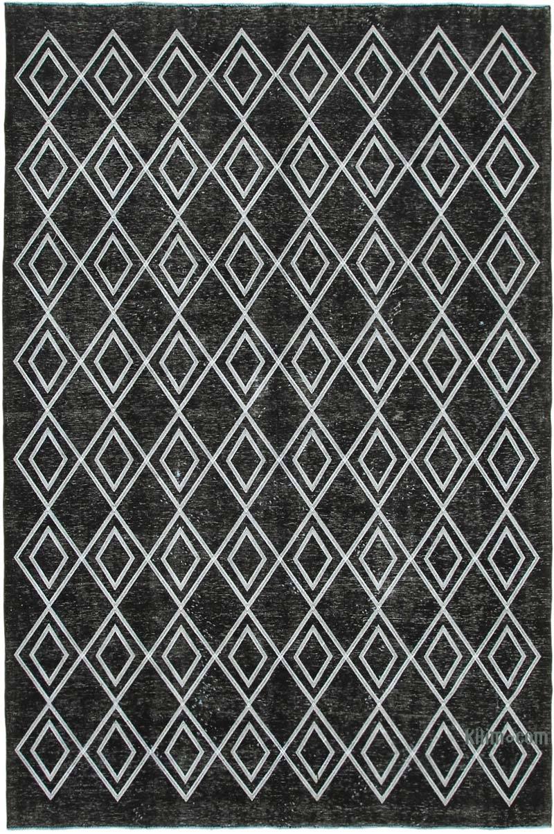 Siyah İşlemeli ve Boyalı El Dokuma Vintage Halı - 230 cm x 342 cm - K0042756