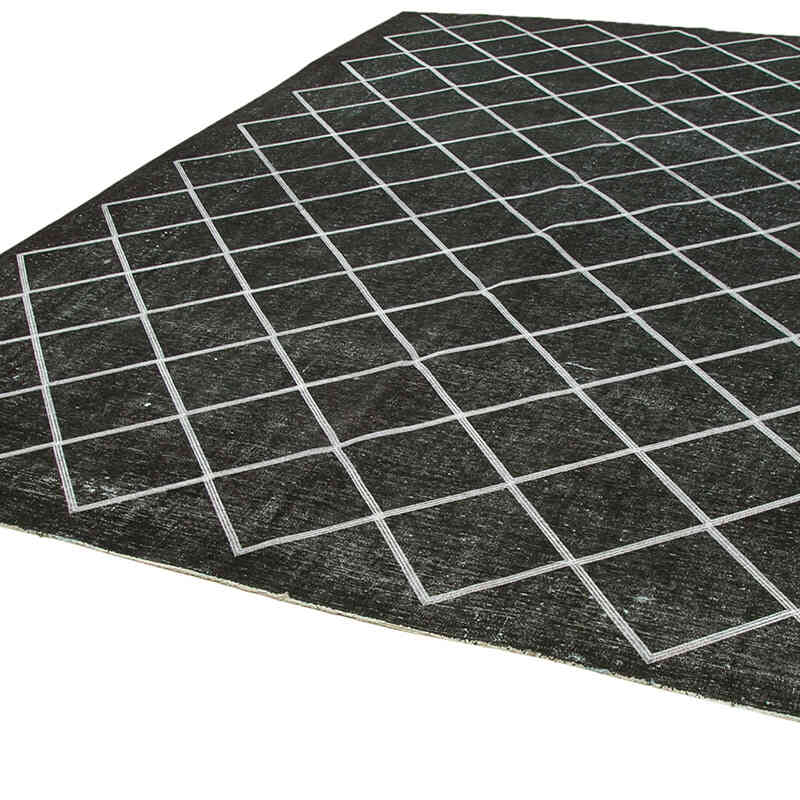 Siyah İşlemeli ve Boyalı El Dokuma Vintage Halı - 302 cm x 392 cm - K0042757