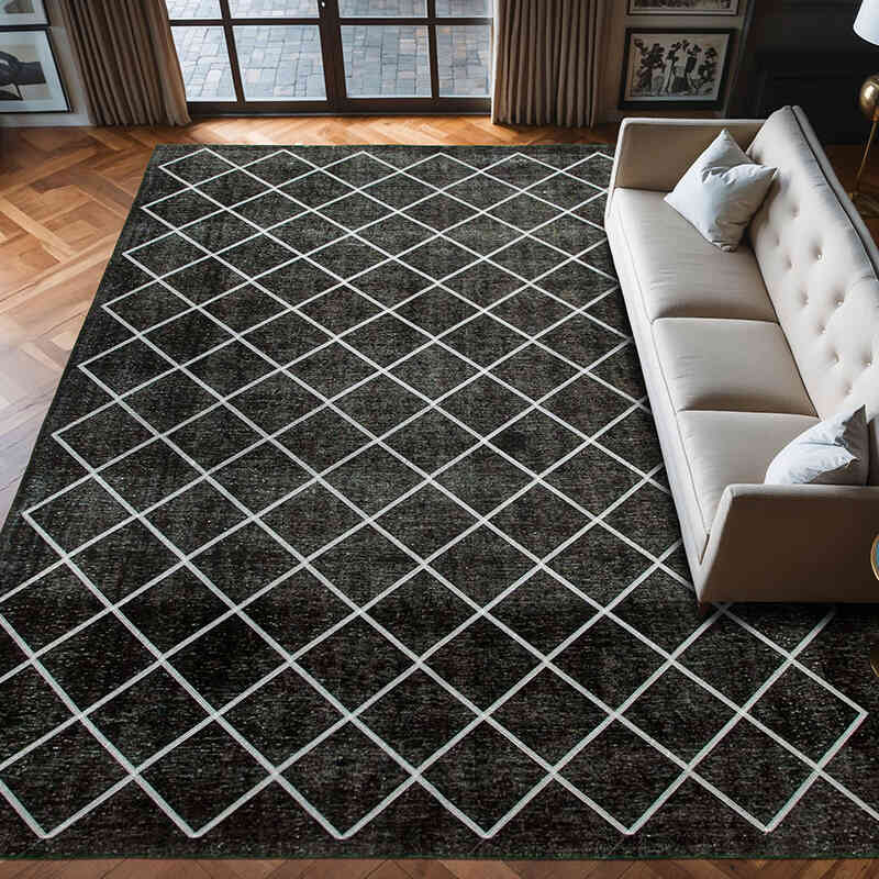 Siyah İşlemeli ve Boyalı El Dokuma Vintage Halı - 302 cm x 392 cm - K0042757