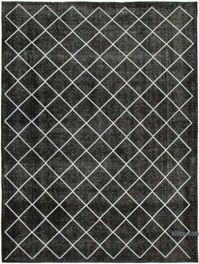 Siyah İşlemeli ve Boyalı El Dokuma Vintage Halı - 302 cm x 392 cm