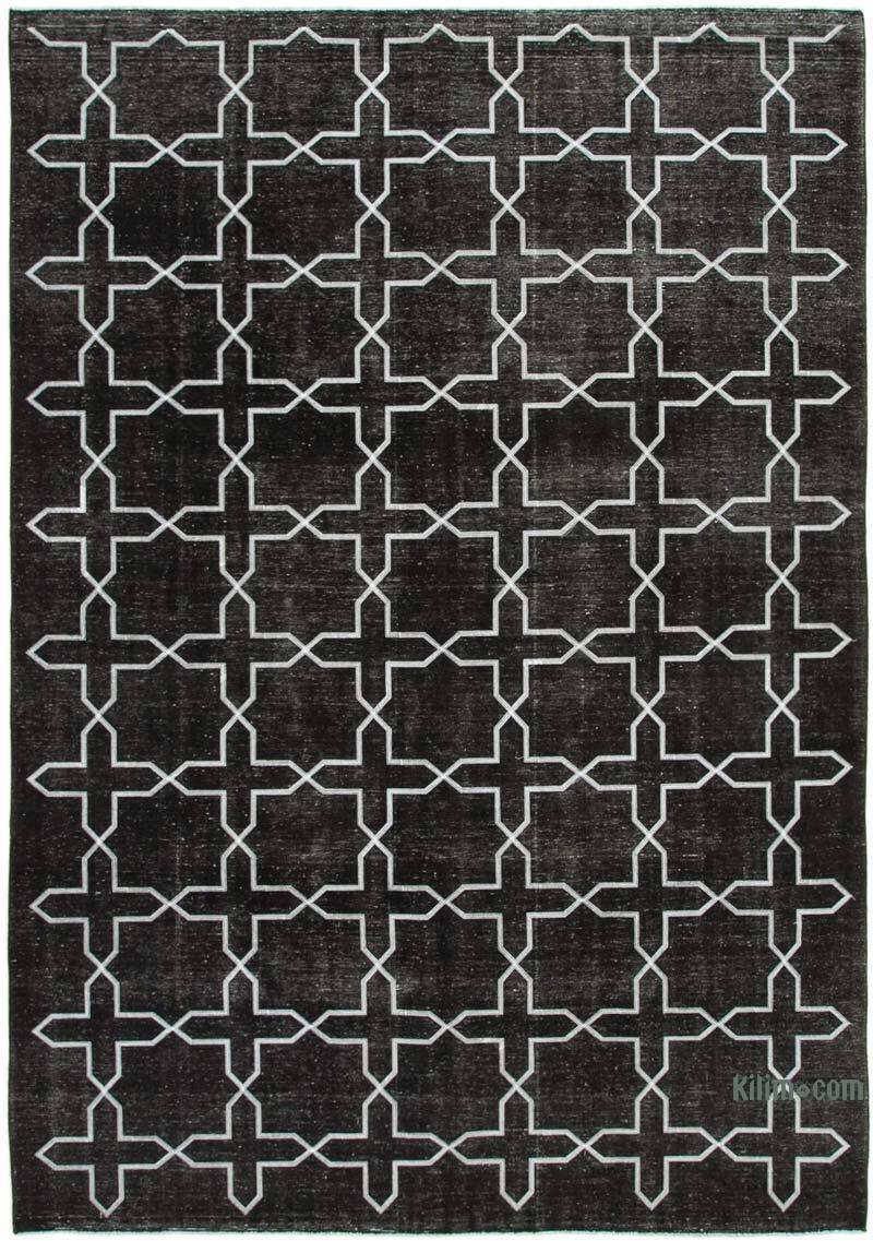 Siyah İşlemeli ve Boyalı El Dokuma Vintage Halı - 272 cm x 394 cm - K0042758