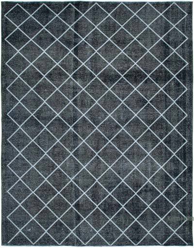Siyah İşlemeli ve Boyalı El Dokuma Vintage Halı - 307 cm x 382 cm