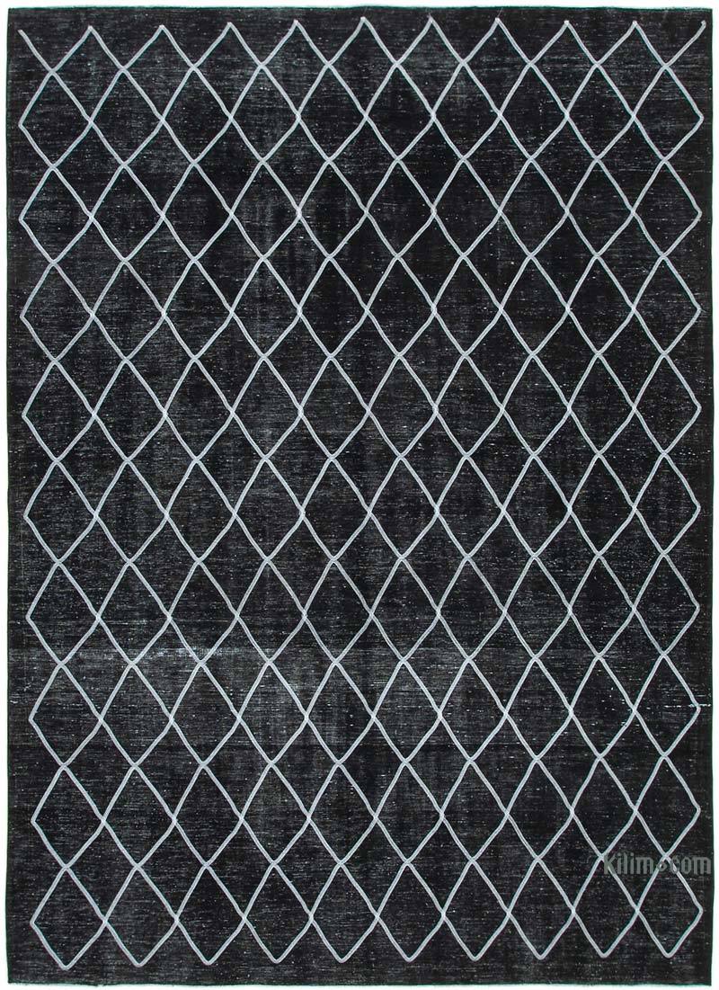 Siyah İşlemeli ve Boyalı El Dokuma Vintage Halı - 293 cm x 394 cm - K0042760