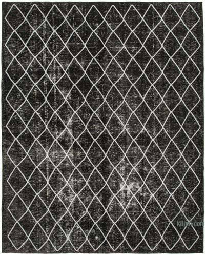 Siyah İşlemeli ve Boyalı El Dokuma Vintage Halı - 302 cm x 369 cm