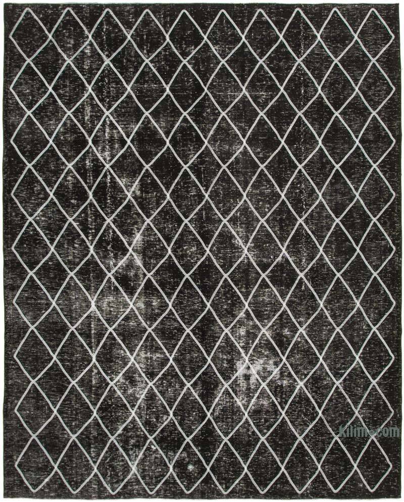 Siyah İşlemeli ve Boyalı El Dokuma Vintage Halı - 302 cm x 369 cm - K0042763