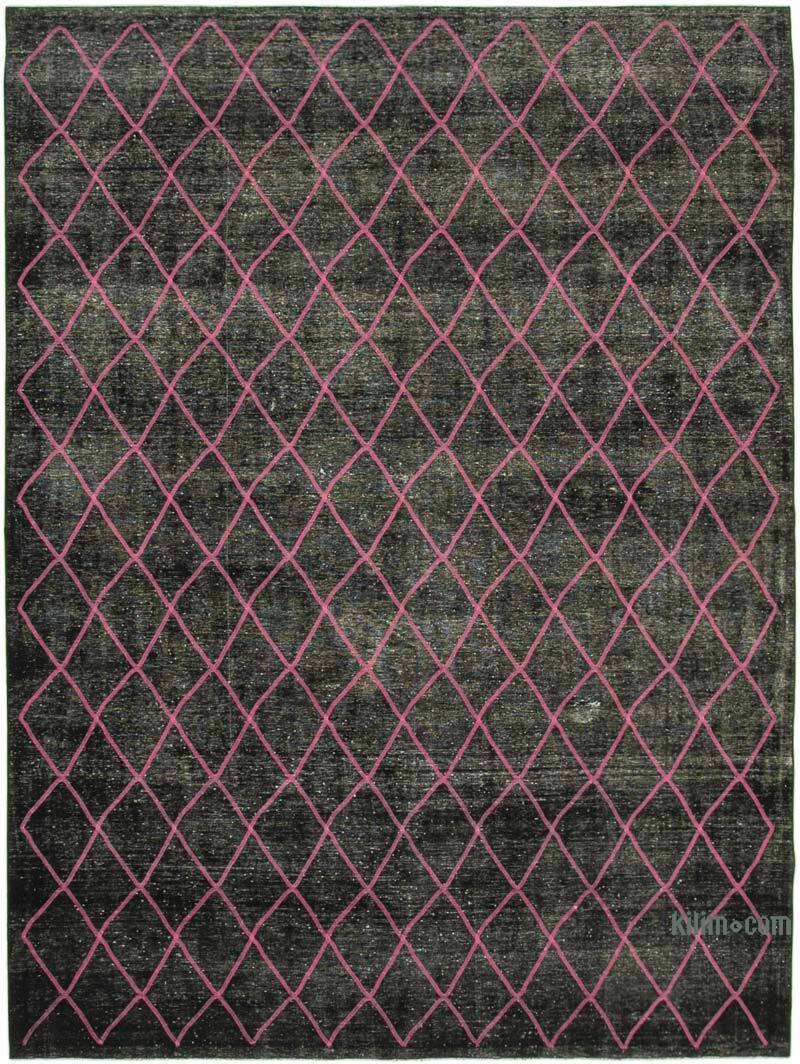 Siyah İşlemeli ve Boyalı El Dokuma Vintage Halı - 293 cm x 390 cm - K0042770