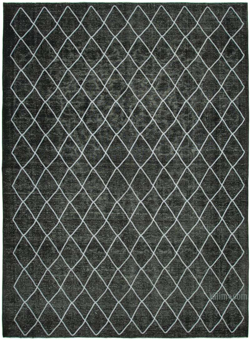 Siyah İşlemeli ve Boyalı El Dokuma Vintage Halı - 310 cm x 407 cm - K0042772