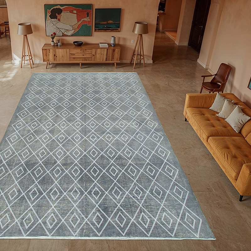 Gri İşlemeli ve Boyalı El Dokuma Vintage Halı - 302 cm x 484 cm - K0042773