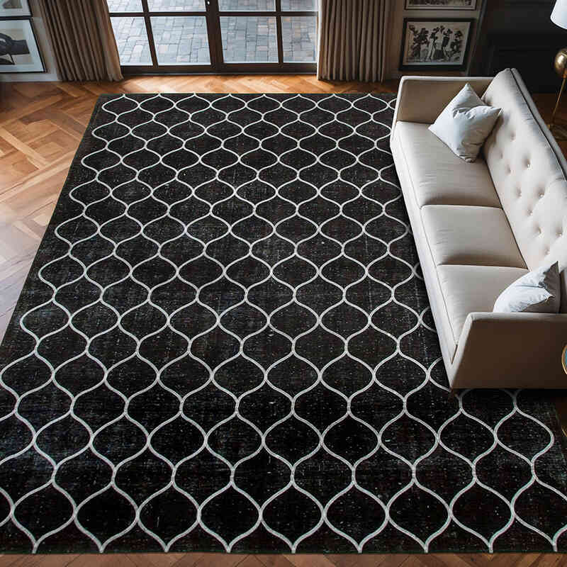 Siyah İşlemeli ve Boyalı El Dokuma Vintage Halı - 301 cm x 398 cm - K0042774