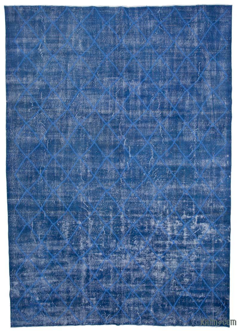 Mavi İşlemeli ve Boyalı El Dokuma Vintage Halı - 267 cm x 381 cm - K0042779
