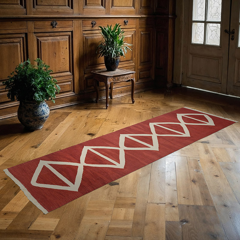 Kırmızı, Bej Yeni El Dokuma Kilim - K0043355