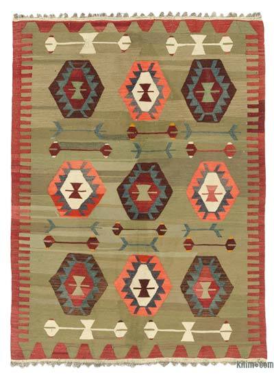 绿色复古Afyon Kilim地毯- 4' 6