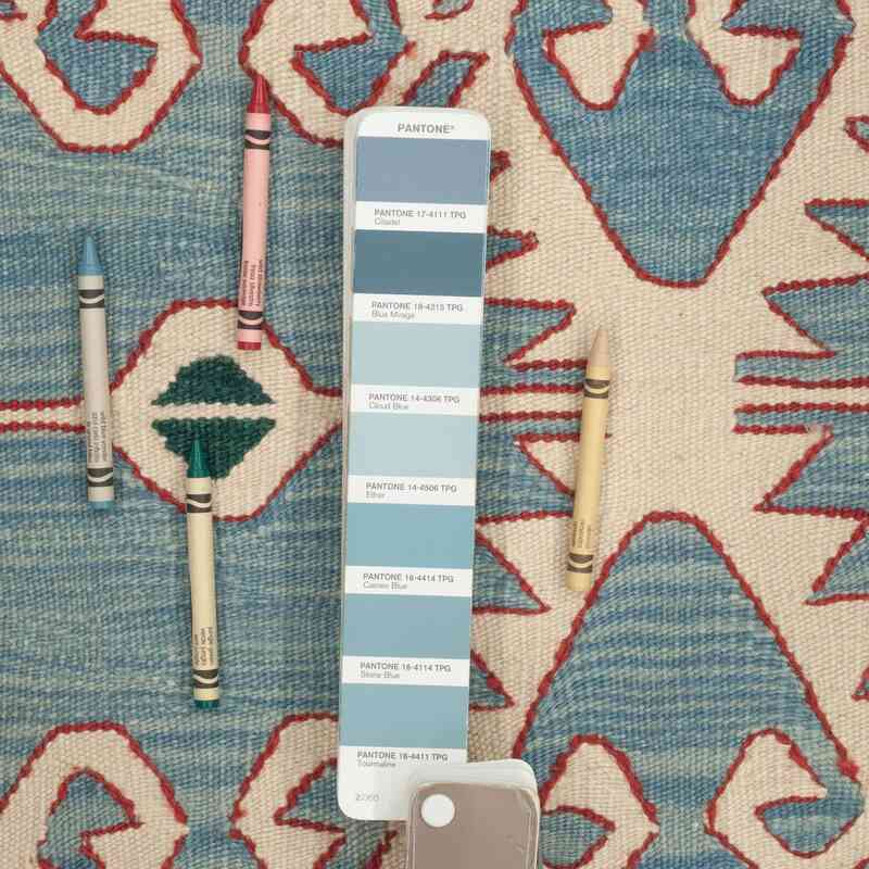 Azul claro Nuevo Kilim Turco de Pasillo - K0044452