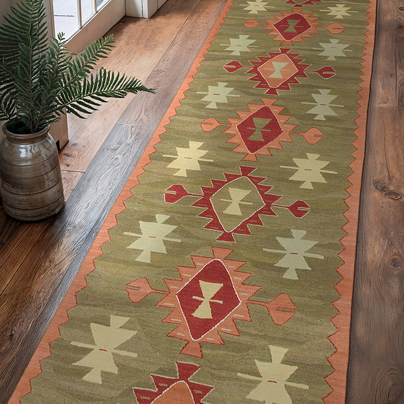 Yeşil Yeni Kök Boya El Dokuma Kilim Yolluk - 95 cm x 354 cm - K0044480