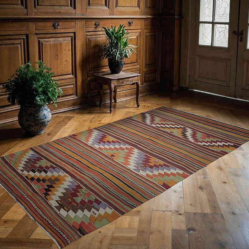 Multicolor Vintage Manisa Kilim Rug - 4' 7" x 8' 3" (55" x 99") - K0044525