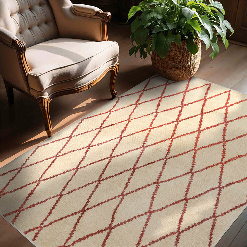 Bej, Kırmızı Yeni Fas Stili El Dokuma Tulu - 143 cm x 179 cm - K0047147