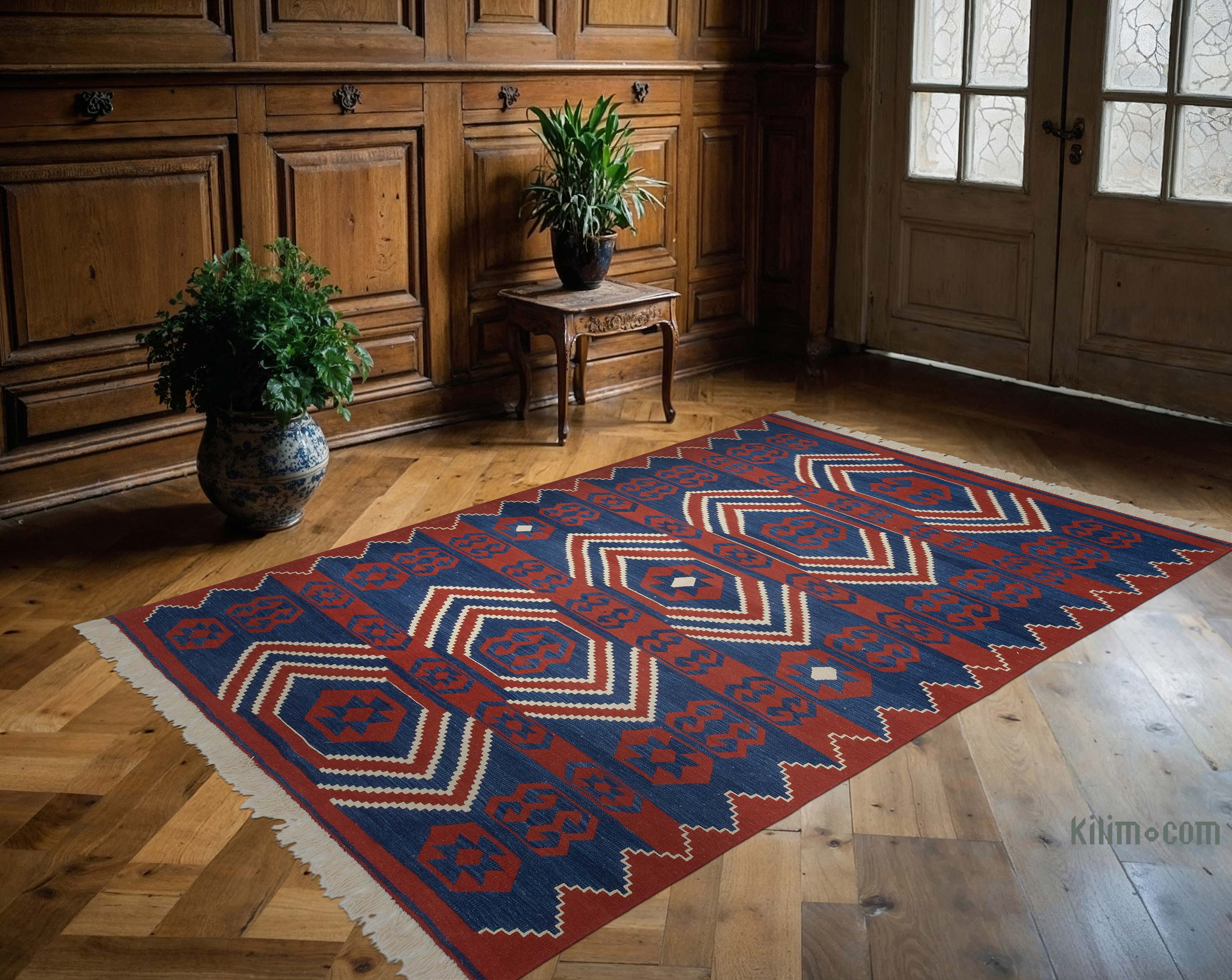 Blue, Red New Turkish Kilim Rug - 5' 9