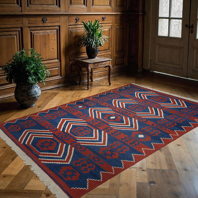 Blue, Red New Turkish Kilim Rug - 5' 9" x 8' 6" (69" x 102") - K0048235