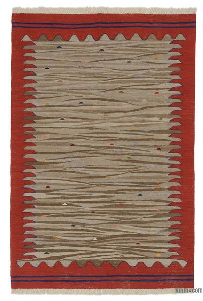 Beige, Red New Handwoven Turkish Kilim Rug - 3' 11" x 5' 11" (47" x 71")