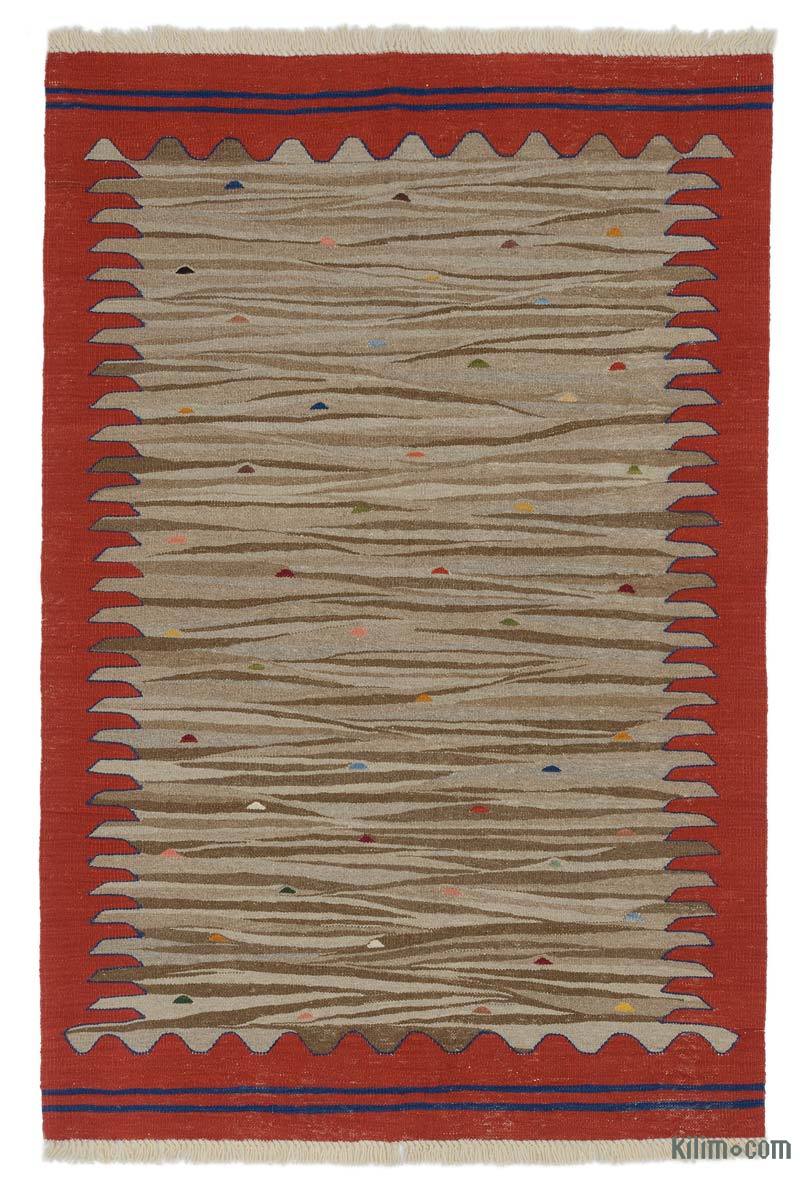Bej, Kırmızı Yeni Kök Boya El Dokuma Kilim - 120 cm x 180 cm - K0048509