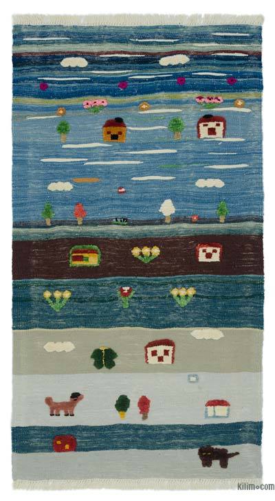 Mavi Yeni Kök Boya El Dokuma Kilim - 101 cm x 181 cm
