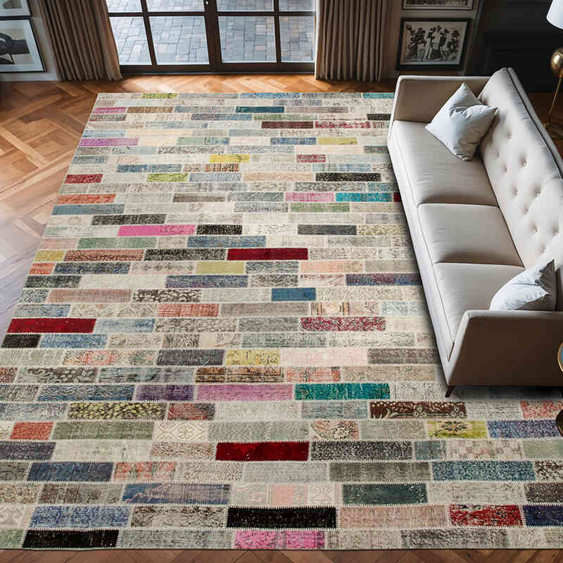 Patchwork Hand-Knotted Turkish Rug - 9' 10" x 13' 4" (118" x 160") - K0049453