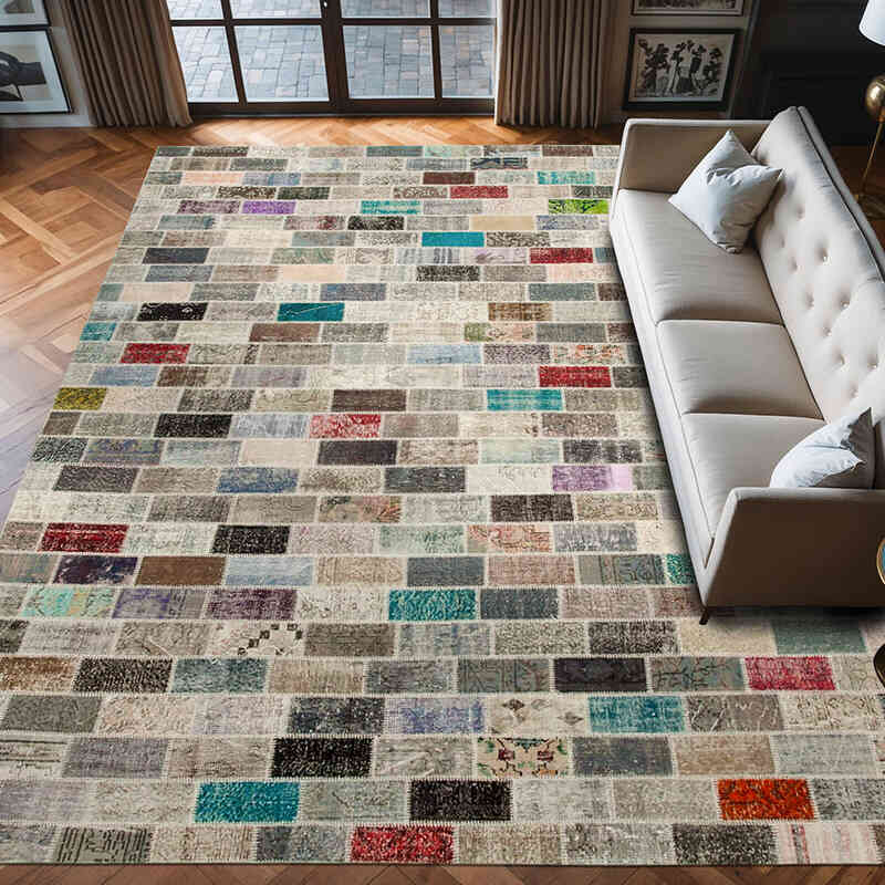 Patchwork Hand-Knotted Turkish Rug - 9' 9" x 13' 1" (117" x 157") - K0049495