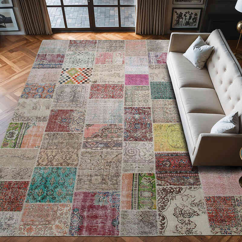 Patchwork Hand-Knotted Turkish Rug - 9' 10" x 13' 3" (118" x 159") - K0049512