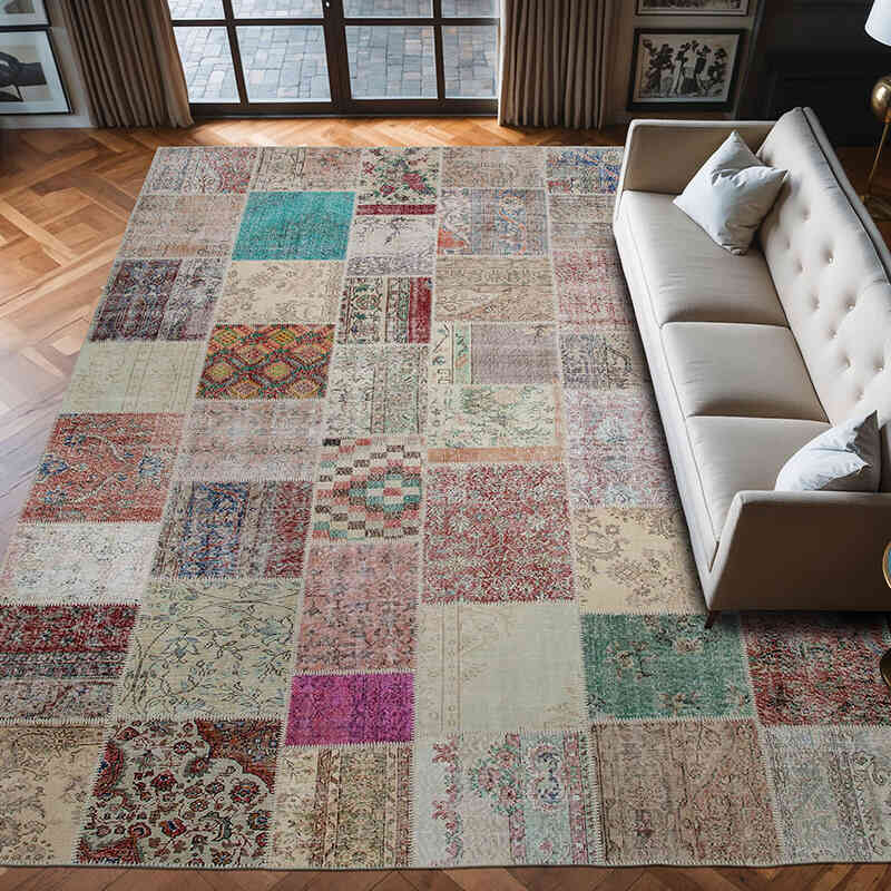 Patchwork Hand-Knotted Turkish Rug - 9' 11" x 13' 1" (119" x 157") - K0049513