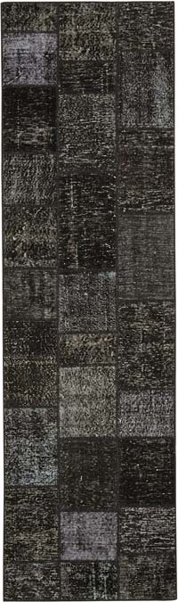 Black Patchwork Hand-Knotted Turkish Runner - 2' 9" x 9' 10" (33" x 118")