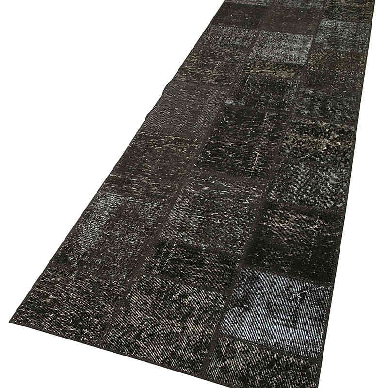 Negro Alfombra De Retazos Turca Sobre-teñida - 85 cm x 299 cm - K0049632